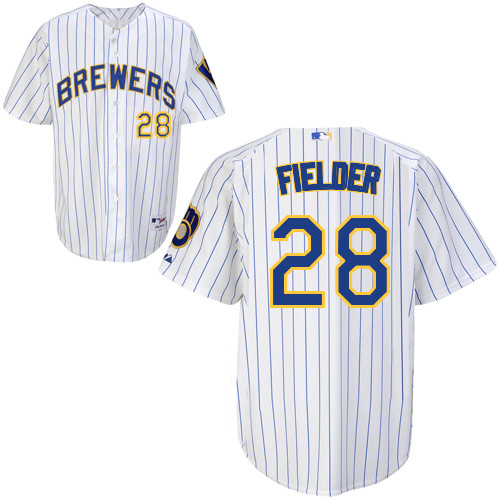 Milwaukee Brewers 28 Prince Fielder White Blue Stripe Cool Base MLB Jersey Baseball MLB Jerseys
